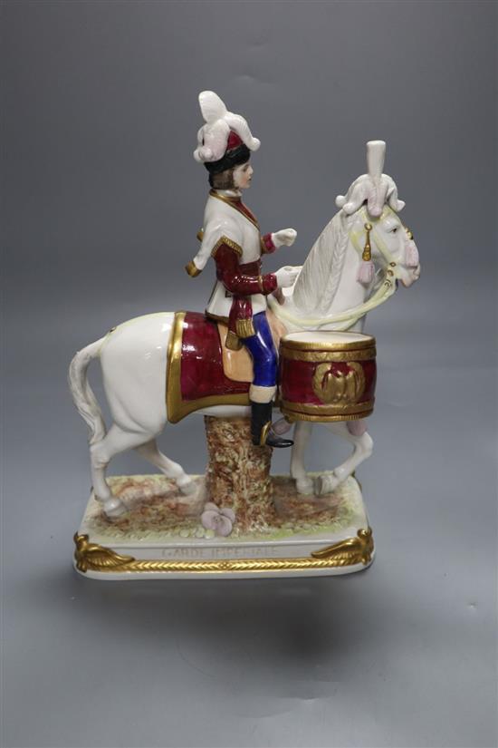 A Sitzendorf equestrian group Garde Imperiale, height 28cm